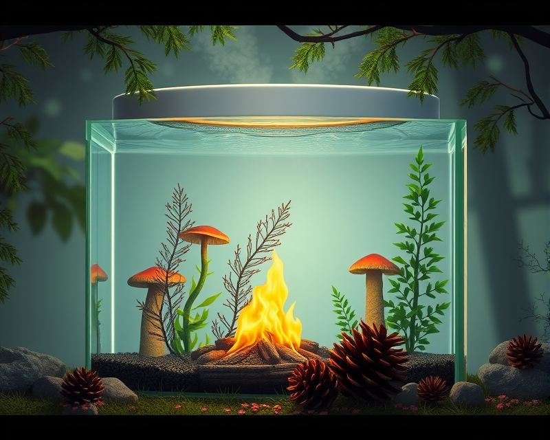 fish tank, mushroom, campfire, ladder, pinecone